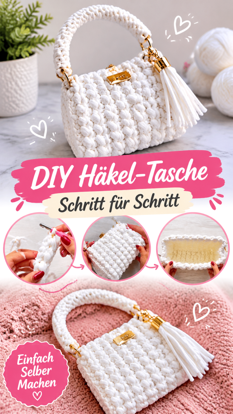 Weiße Häkelhandtasche selber machen  Elegante DIY-Häkelidee mit dicker Wolle
